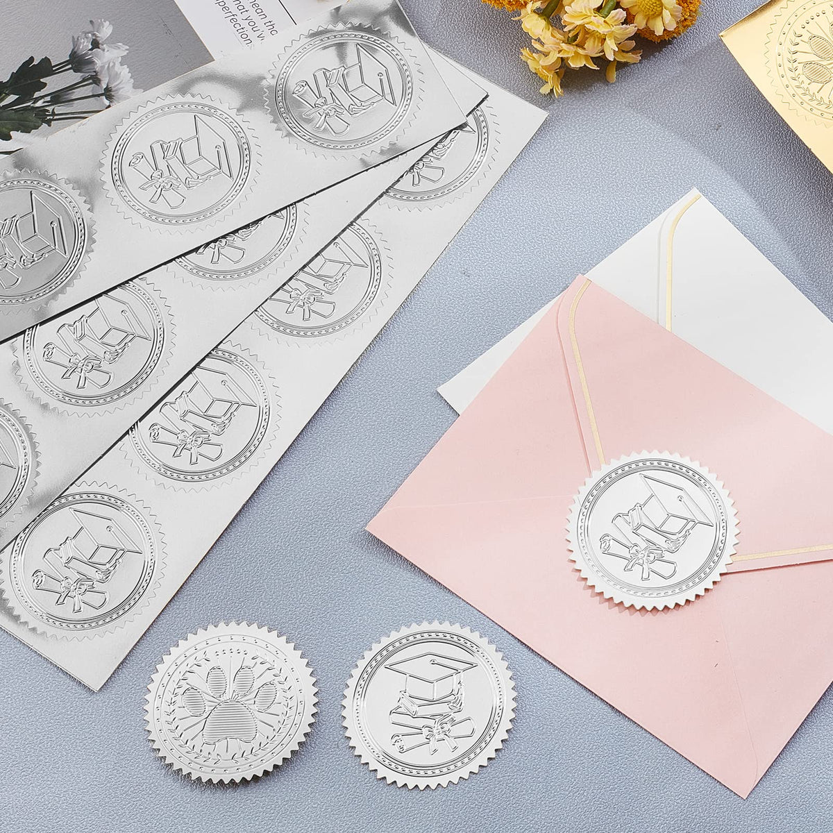 CRASPIRE 2" Honor Roll Silver Foil Sticker Olive Leaf Wreath 100pcs Certificate Seals Embossed Round Silver Seal Stickers Label for Envelopes Invitation Card Diplomas Wedding Awards Graduation Trophy