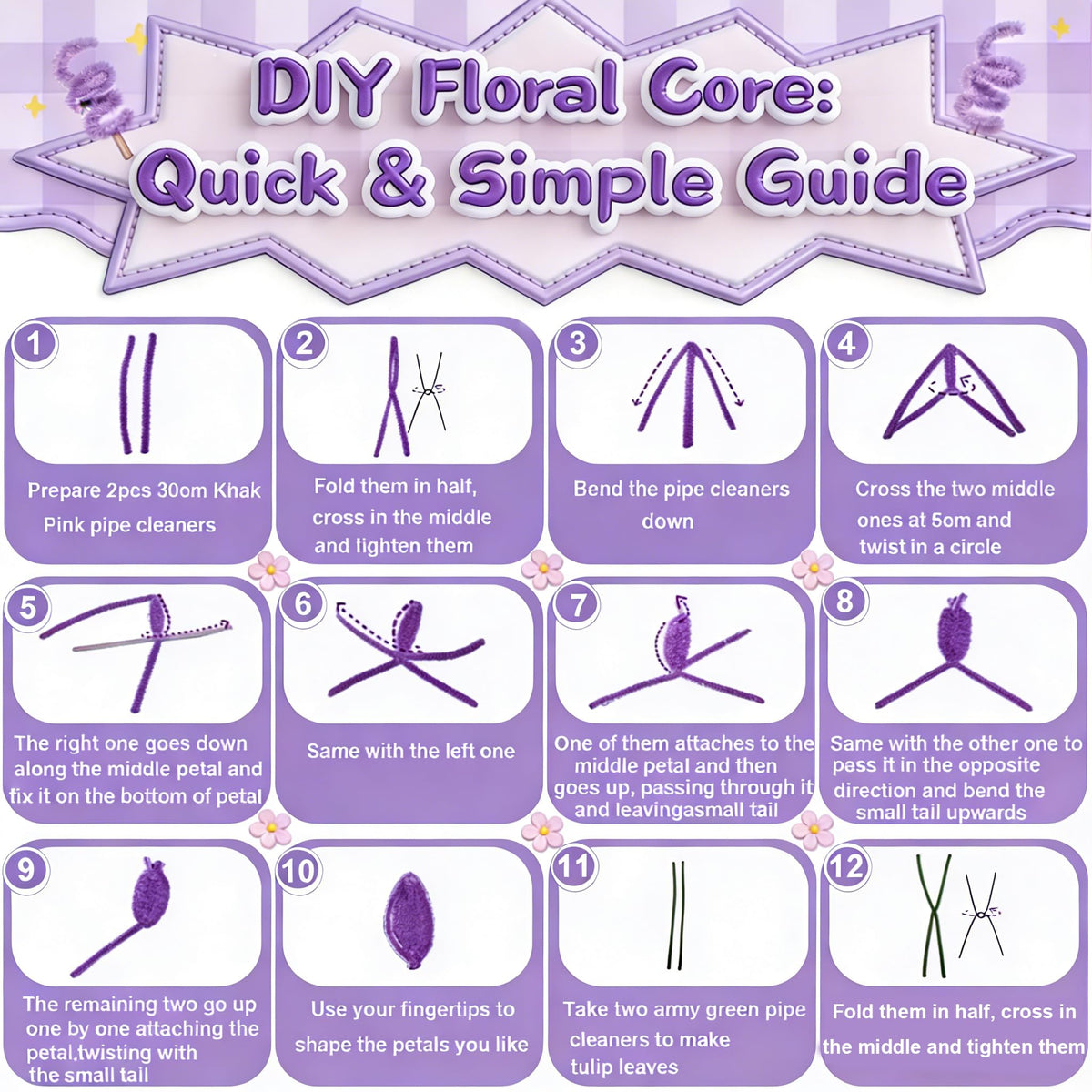 ZFTFZ Purple DIY Pipe Cleaners Bluk Craft - 500pcs Chenille Stems (6 Colors), 25 Floral Stems & Stamen - Includes Mesh, Wrapping Paper & Gift Box for Handmade Rose/Tulip Art