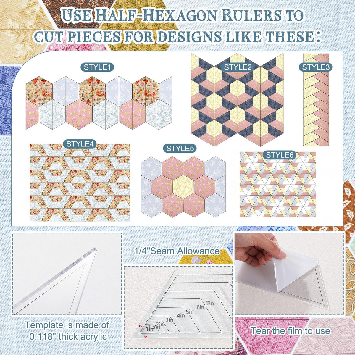 Kigley 8 Pcs Half Hexagon Quilting Templates and Rulers 1/1.5/2/3/4/5/6/7 Inch Acrylic Quilting Ruler with 1/4 Inch Seam Allowance for Cutting Pattern DIY Sewing Craft(Clear)