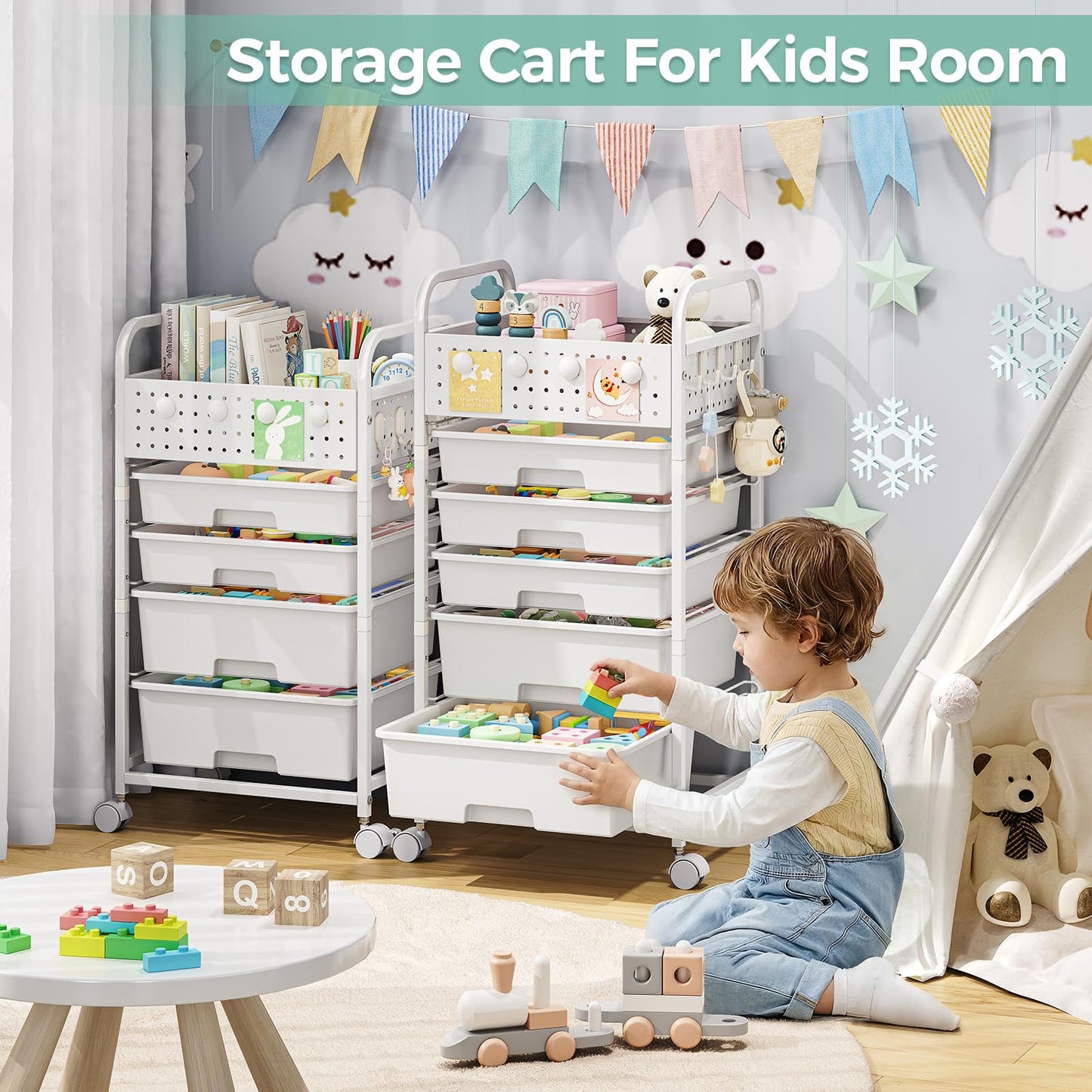 5 Drawer Rolling Storage Cart with Pegboard Top and Hooks, Mobile Utility Organizer with Wheels for Office Supplies, Craft Storage, Classroom Organization, Home Storage Cart, Green
