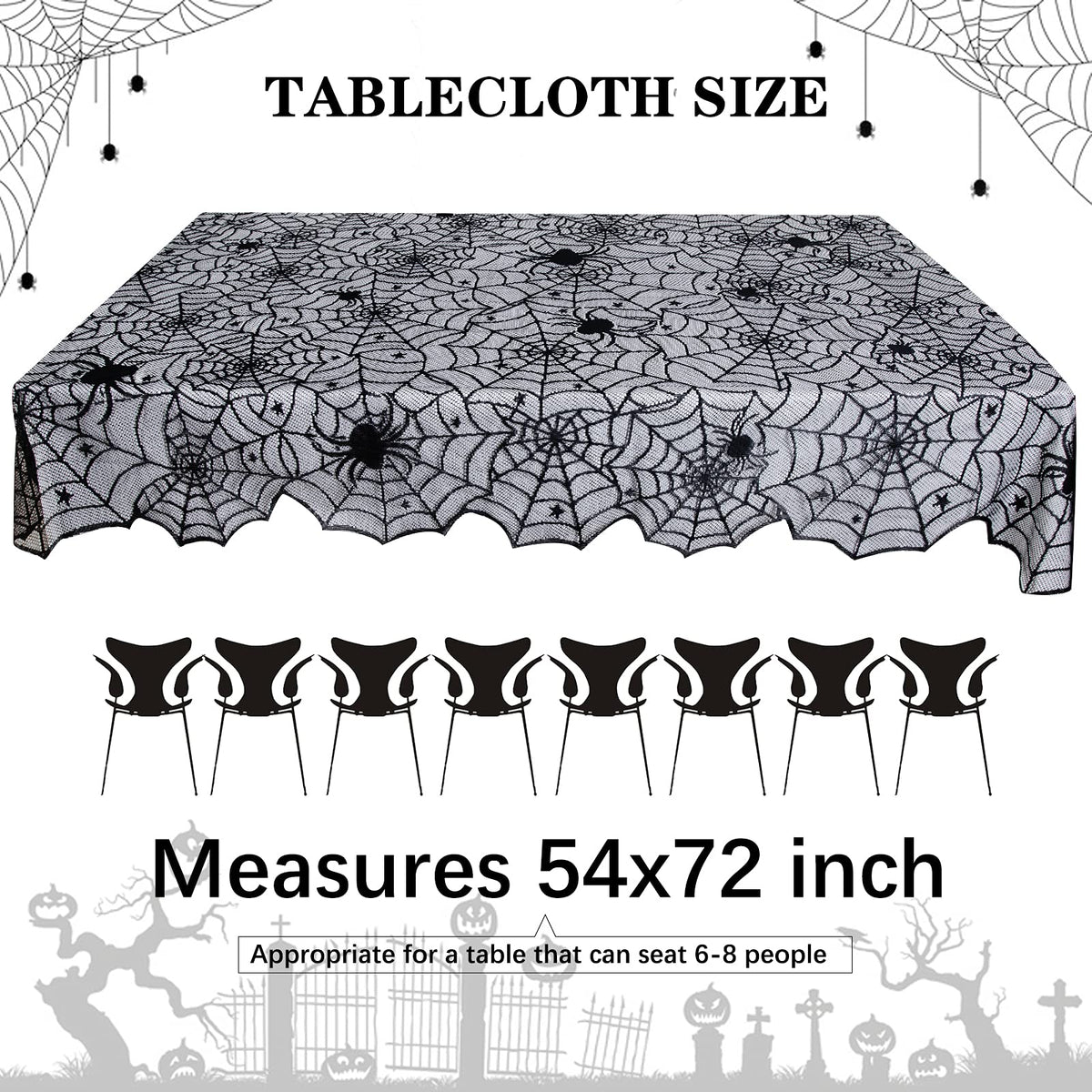 LuoluoHouse Black Lace Tablecloth 54x72 Inch Halloween Tablecloths Spider Cobweb Table Cover for Masquerade Dinner Party Scary Movie Nights Table Decorations