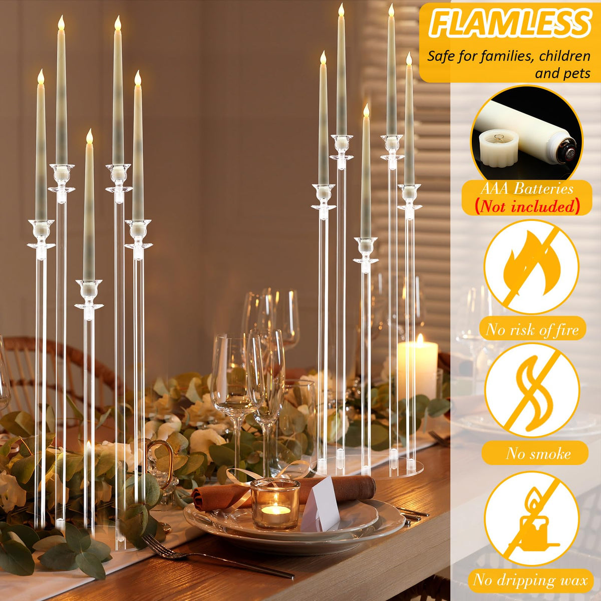 Barydat 4 Set 5 Arms Acrylic Candelabra Centerpieces for Wedding, Clear Candlesticks Holders with 20 LED Candles 2 Remote Timer 22 Rubber Candle Rings for Halloween Christmas Party Dinner Decoration