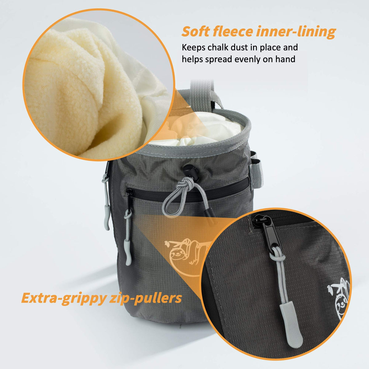 Chalk Bag for Rock Climbing, Climbing Chalk Bag for Bouldering with 2 Large Zipper Storage Pockets, Premium Gym Chalk Bag for Weightlifting, Great Gift and Rock Climbing Gear, Gray