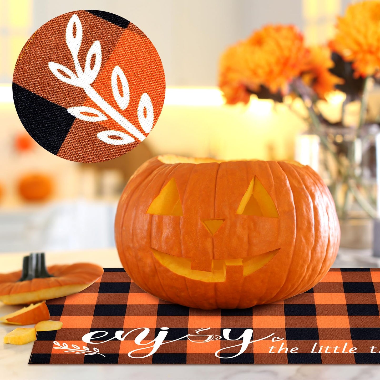 Hahafelt 6 Pack Halloween Placemats 12"x18" 6 Styles Rustic Table Mats with Sayings Washable Halloween Party Table Decorations Fall Thanksgiving Autumn Harvest Kitchen Decor(Orange, Black,Plaid)