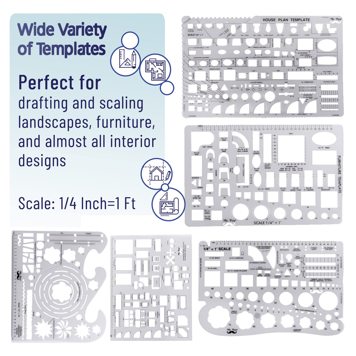 Mr. Pen- Professional Drafting Tools & Geometry Set with Case, 17 pcs, Mechanical Pencil, Fineliners, Scale Metal Ruler, Drawing Templates for Interior Design House Plan, Architect Protractor Set
