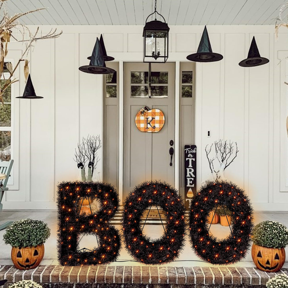 ATDAWN 3 Piece Outdoor Boo Sign Halloween Decoration, Lighted Boo Yard Display Set, Boo Yard Sign for Halloween Indoor Lawn Decor, Black & Orange