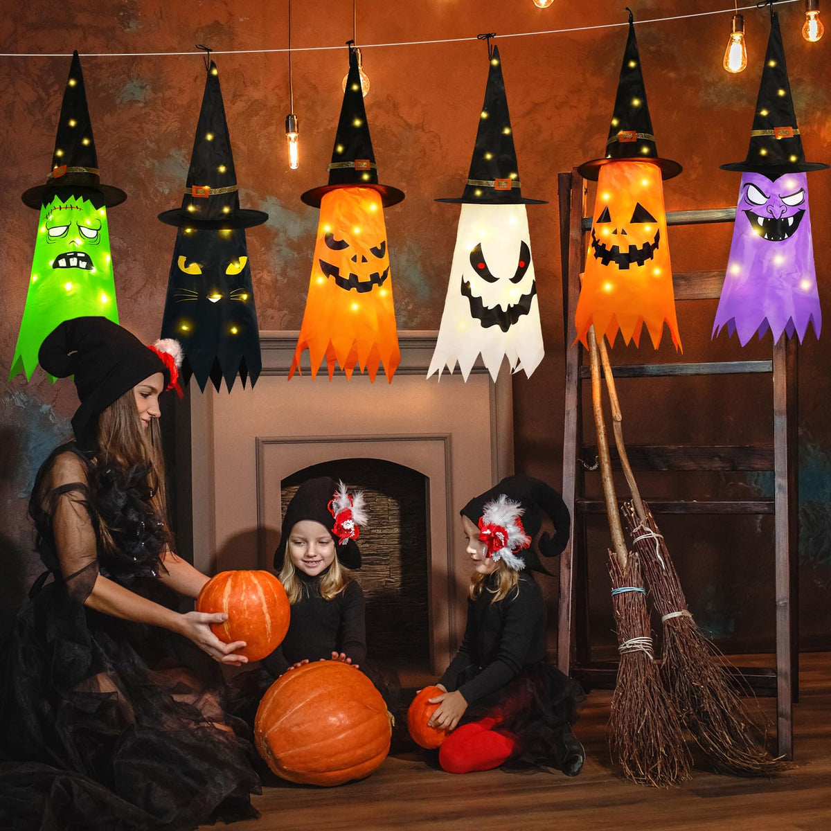 Qilery 6 PCS Hanging Witch Ghost Hats Decorations - Halloween Hanging Ghosts Decorations Outdoor - 31 Lighted Pumpkin, Cat, Mummy, Vampire, Zombie Theme for Yard Tree Porch Patio Garden Party