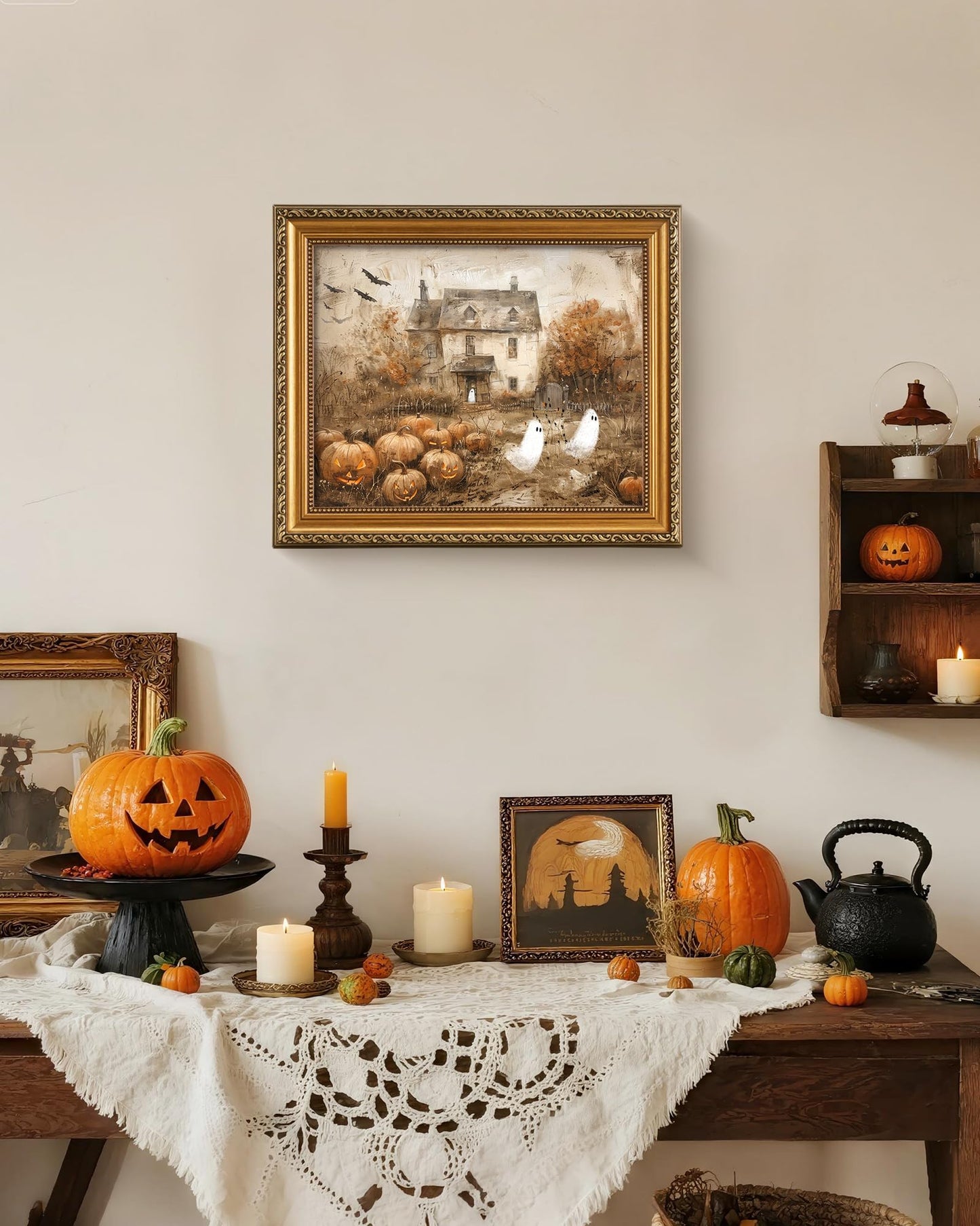 Vodefoad Retro Detachable Gold Framed Wall Art for Home Decor Halloween Pumpkins with Cute Ghost Farmhouse Gold Framed Wall Decor Prints Halloween Gothic Dark Academia Painting Picture for Kitchen, Gallery, Bathroom Wall decor - 8x10Inch