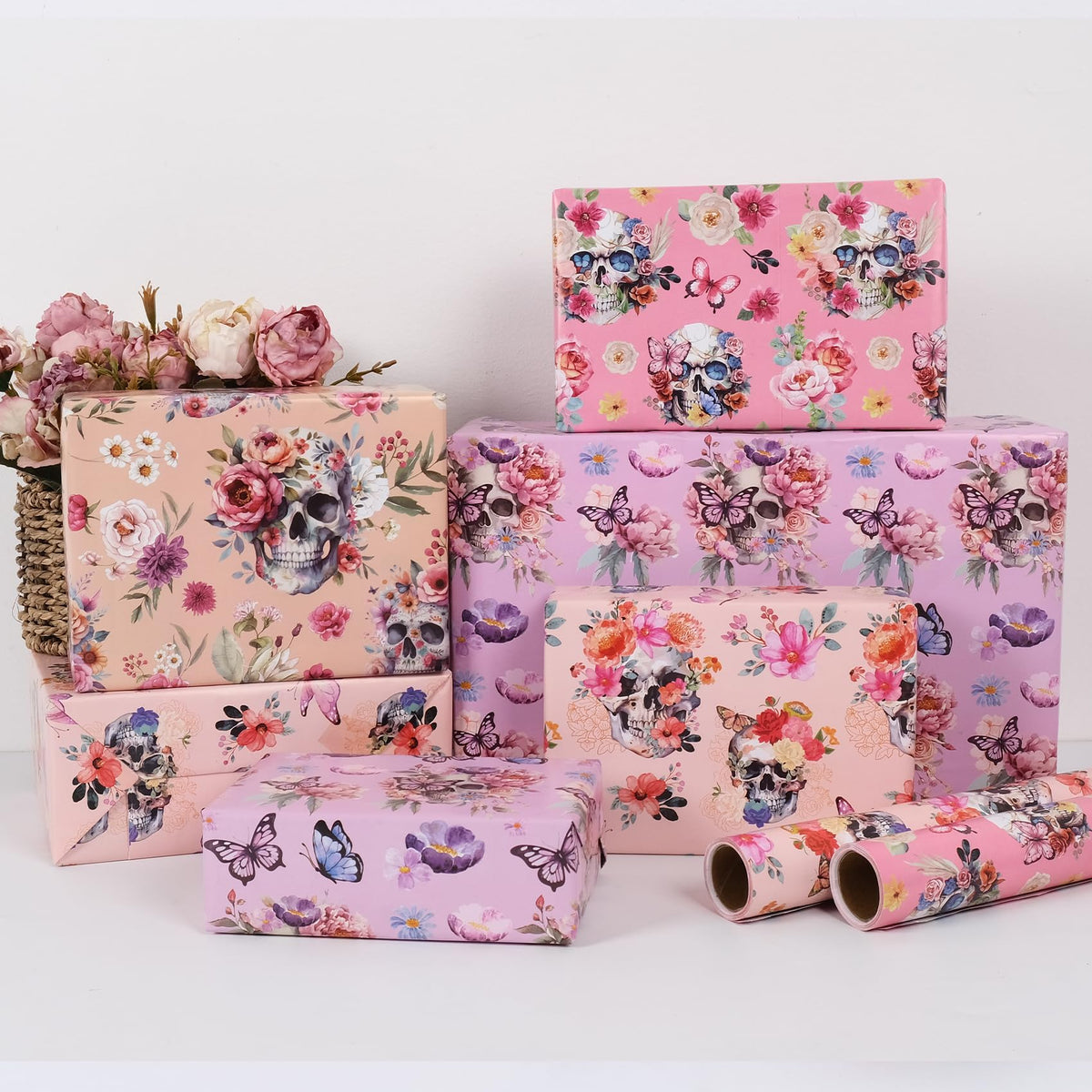 Aimyoo Halloween Wrapping Paper Rolls - 17 Inch x 16.5 Feet - 4 Rolls - Gothic Skull, Floral Design Perfect for Halloween, Christmas Decorations, Holidays, and Parties