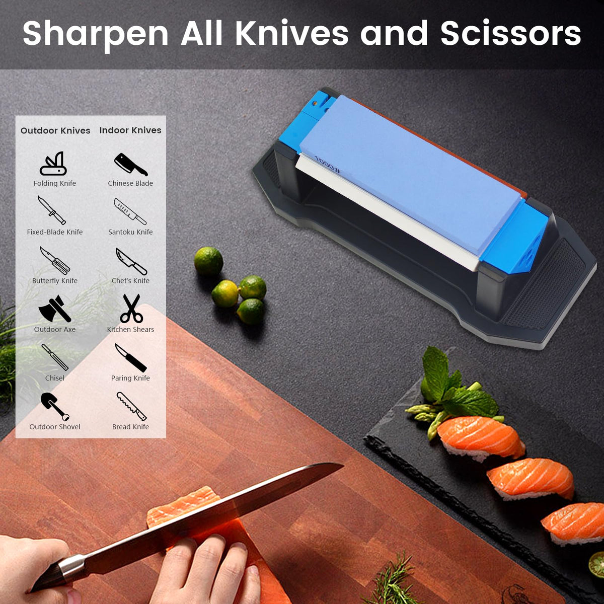 Whetstone Sharpening Stone Kit, Premium 3 Side Grit 400/1000/5000 Knife Sharpener for Sharp Blade, with Non-Slip Base, Angle Guide & Leather Strop