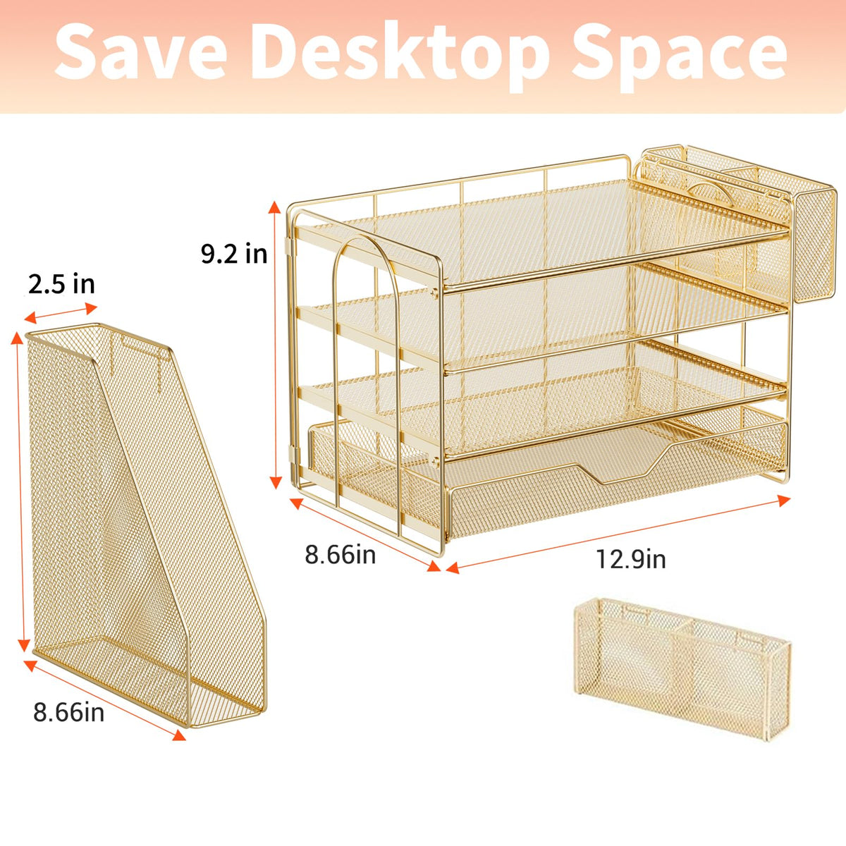 OPNICE Desk Organizers and Accessories, 4-Tier Office Desk Accessories & Workspace Organizers with Drawer and Pen Holder, Desktop Paper Tray File Organizer for Home Office Supplies, Gold
