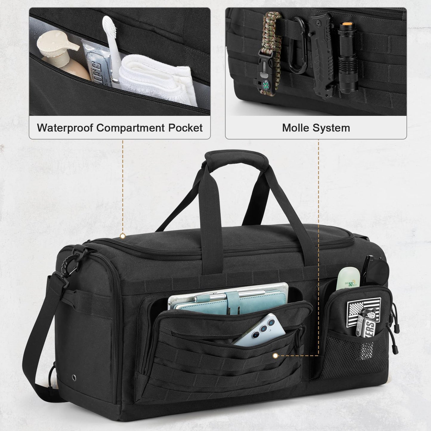 G4Free 3-in-1 Travel Duffle Bag for Men and Women, 50L Large Gym Sports Bags Tactical Military Duffle Backpack with Shoes Compartment and Wet Pocket (Black)