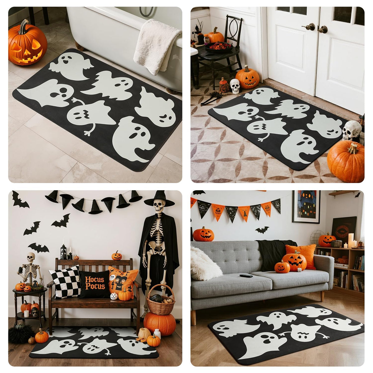 TYUU Halloween Bath Mat, Thin Halloween Bathroom Rug Non Slip Quick Dry Ghost Bath Mat Fits Under Door Thin Floor Mat Halloween Decor, 17''x30'', Ghosts Black