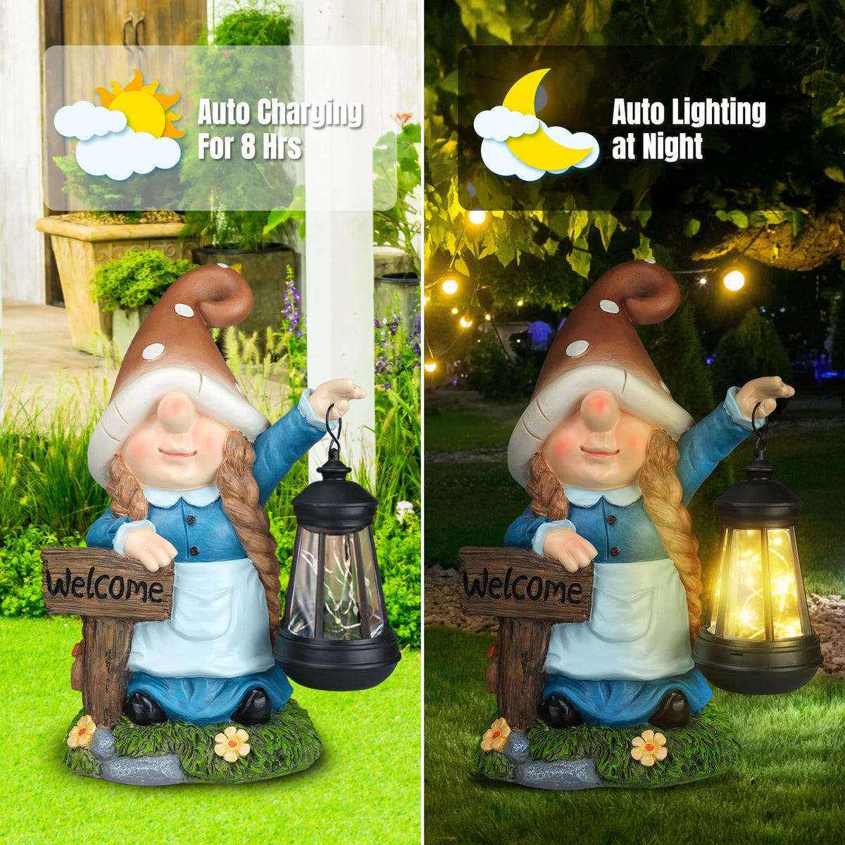 FLJZCZM Solar Large Gnome Garden Statue with Welcome Sign Outdoor Decor with LED Lantern Funy for Porch Yard Patio Lawn Ornament Christmas Housewarming Gardening Gift