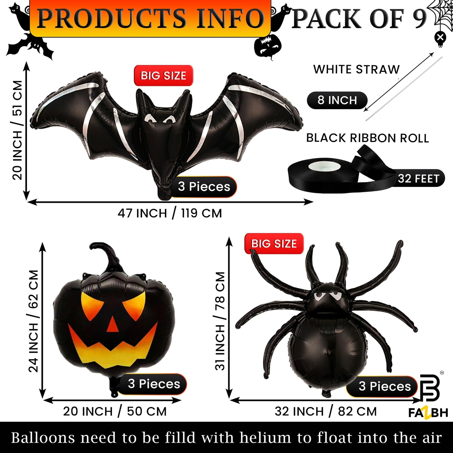 Huge, 47 Inch Spooky Halloween Balloons - Pack of 9 | Black Pumpkin Ballooons, Bat Balloons, 32 Inch Black Spider Balloon | Scary Halloween Party Decorations, Spooky Party Decorations