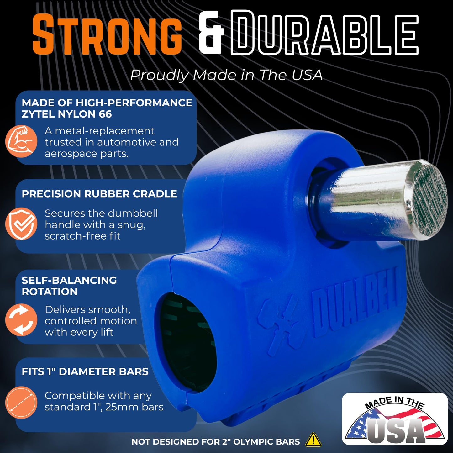 Blue DUALBELL Superset for 1” bar and blue weight collars- Home gym dumbbell to barbell adapters - Connect Dumbbells to 1” standard diameter bar to replace weight plates, 500lb max capacity