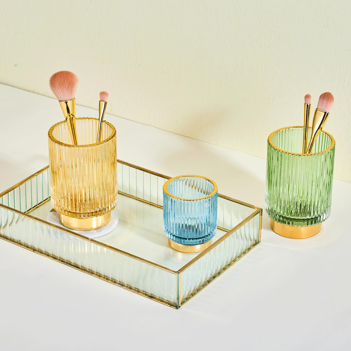 LEICURACE Makeup Brush Holder Organizer,Toothbrush Holders,Desk Pen Pencil Holder,Multifunctional Vintage Glass Brush Cup（L/Gold/A3-7-US）
