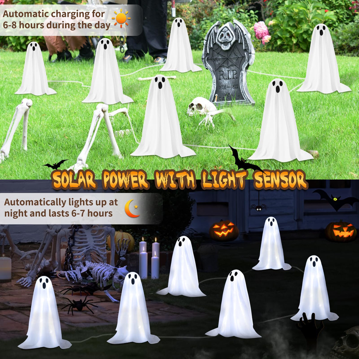 Halloween Decorations, 6 Pack 18.9'' High Solar Small Ghost String Stake Lights 12.8 FT, White Small Cloth Ghost Stakes with 8 Lighting Modes and Waterproof Outdoor Garden/Yard Path Lights, Clod Light