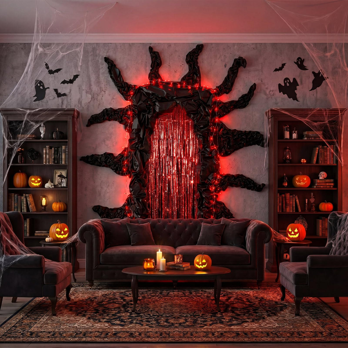 Tingjoo 12 Pcs Weird Themed Door Party Decoration with Spooky Red Black Foil Curtain Tablecloth LED Light Weird Themed Door Decor for Welcome to the Other Side Backdrop Photo Prop Birthday Halloween