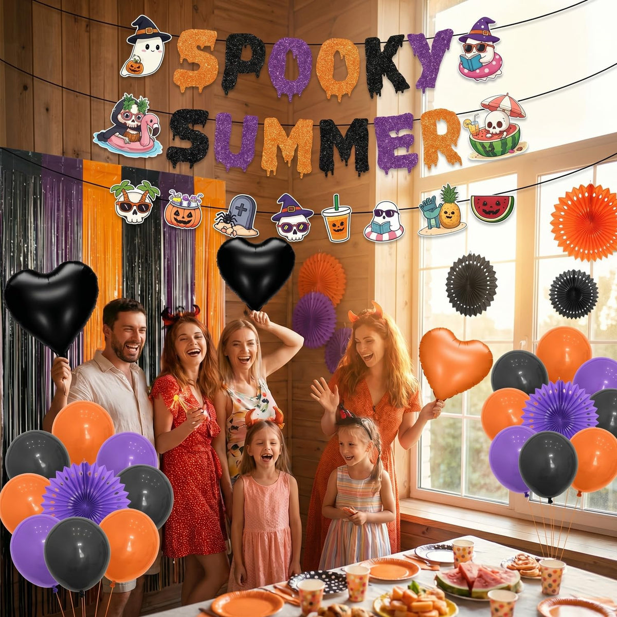 Gameza Summer Halloween Party Decorations - 27PCS Spooky Summer Halloween Banners Paper Fans Balloons Fringe Curtain Decor, Ghost Ween Vibes Holiday Party Supplies