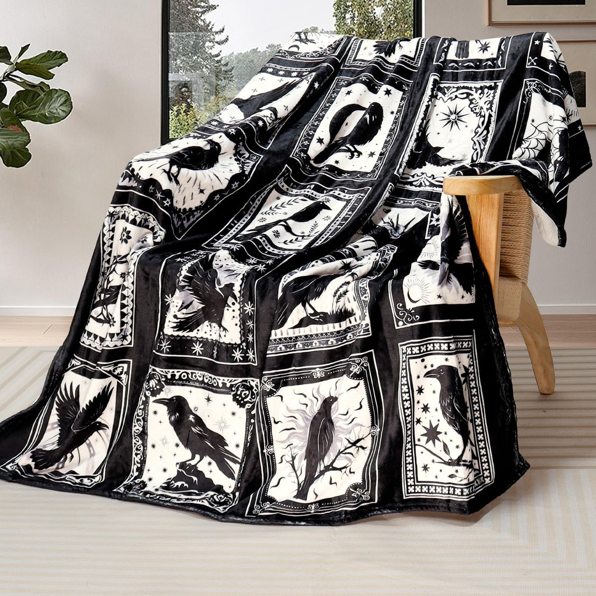 Bird Blanket Halloween Black Gothic Throw Blanket Ultra Soft Retro Hummingbird Blankets Raven Crow Throw Bird Lover Gift Bed Cover Cozy Flannel Fuzzy Plush Couch Cover for Sofa 50" X 60"
