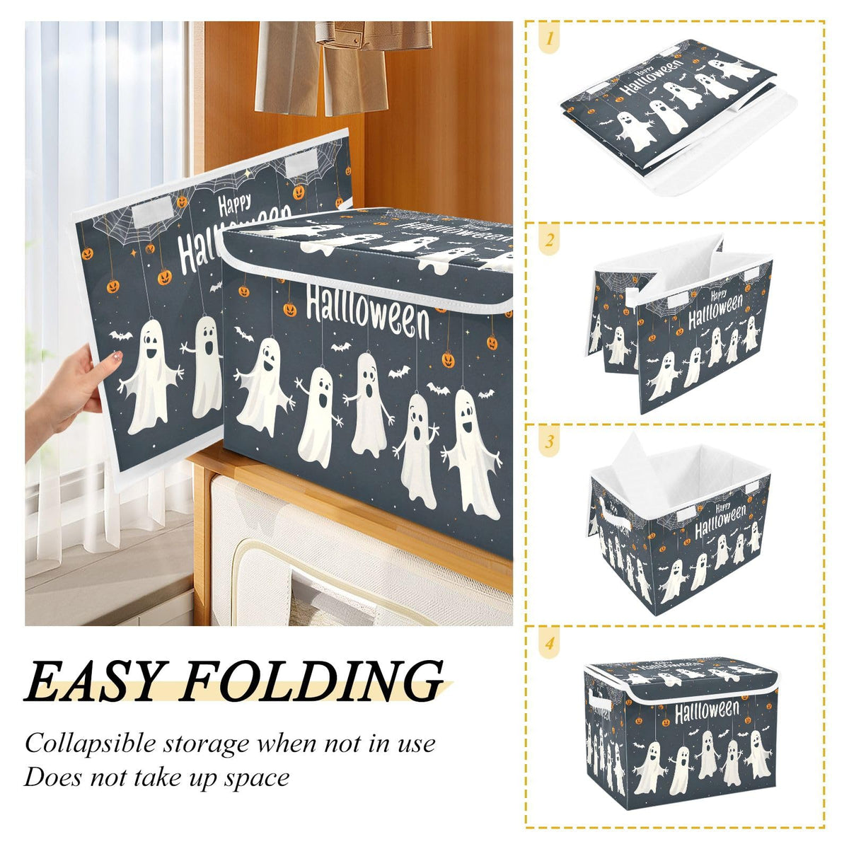 Storage Bins with Lids and Handles,Halloween Spider Bat Storage Box Storage Basket with Cover Collapsible Organizer Containers for Home Closet, Shelves