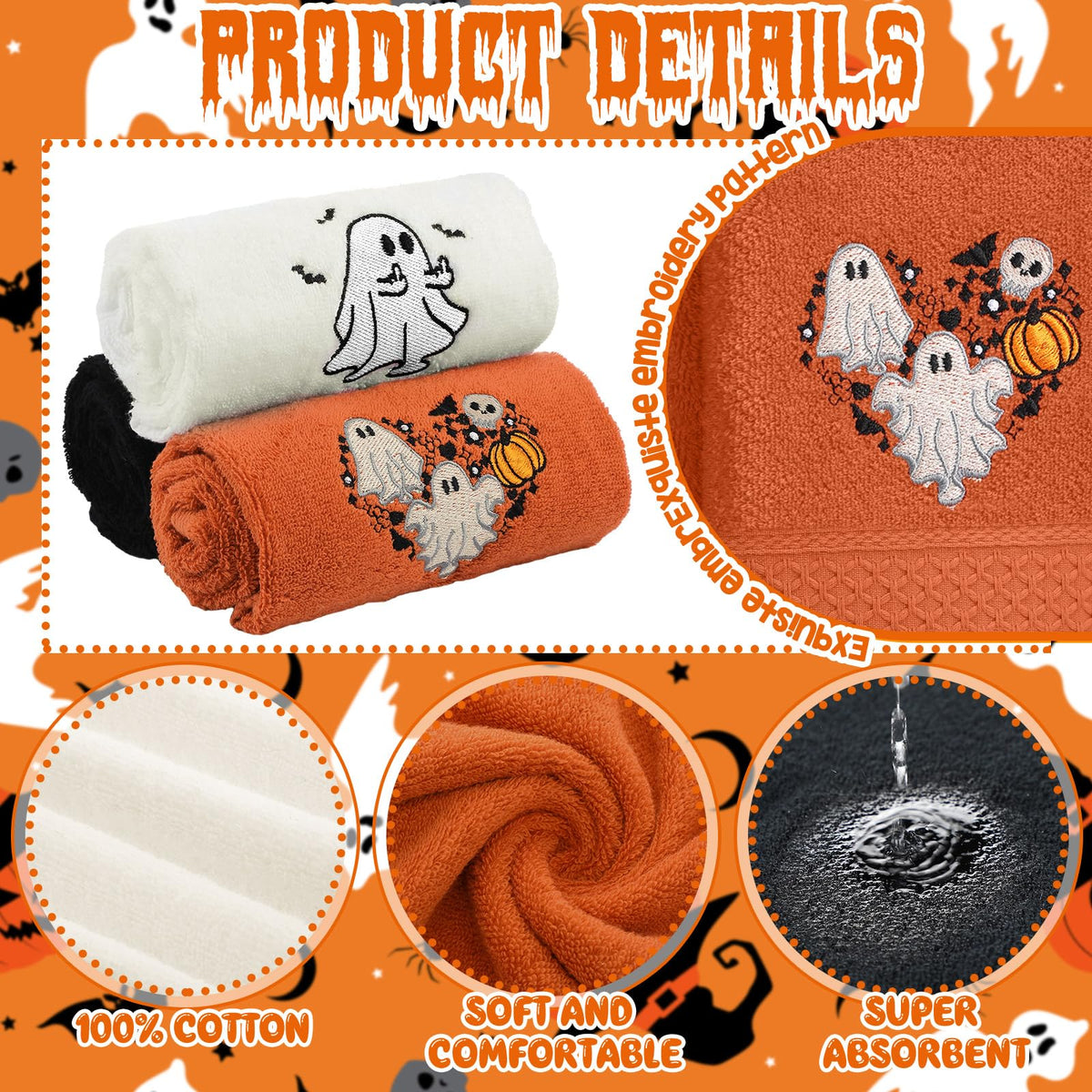 FuWeave 3 Pcs Halloween Hand Towels Funny Spooky Ghost Embroidered Decorative Hand Towels for Bathroom Kitchen Decor Set, 100% Cotton, 13.3 x 29.5 Inches
