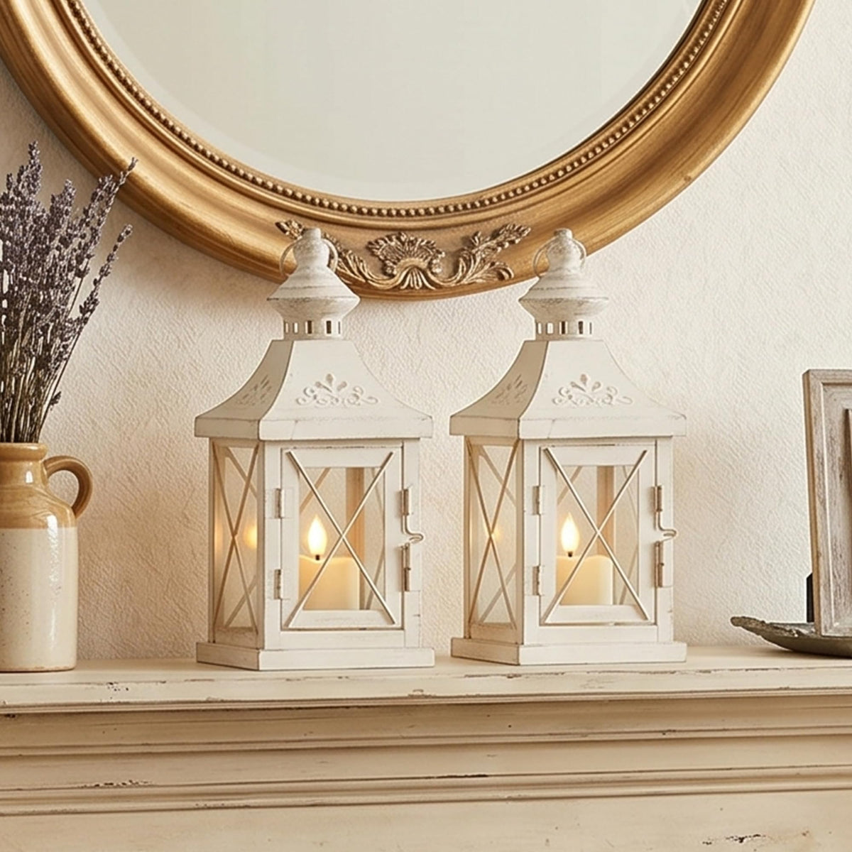 TRIROCKS Set of 2 Decorative Candle Lantern 11'' High Metal Candle Holder Hanging Lantern Perfect for Home Decor Halloween Living Room Parties Events Tabletop Indoors Outdoors (White with Gold Brush)