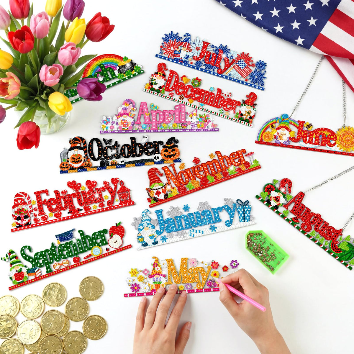 BreezeHug 12 Pcs Seasonal Diamond Art Wreath Kits Holiday 5d DIY Diamond Painting Signs Month Germ Hanging Art Ornaments Crystal Rhinestone Suncatcher for Wall Door Decorations(Gnomes)