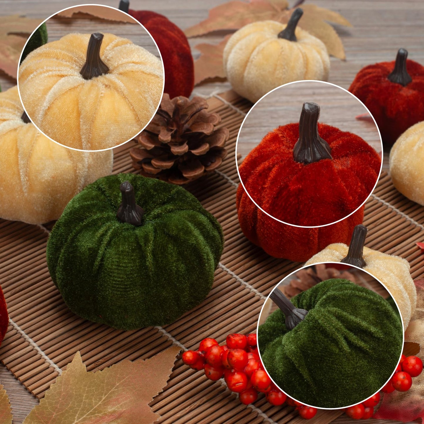 GHGMAO 21 PCS Pumpkins Decor Set, 3 Sizes Fake Velvet Pumpkin, Dark Green Brown Gold Small Foam Pumpkins for Thanksgiving Farmhouse Fall Harvest Autumn Decorations Table Centerpiece