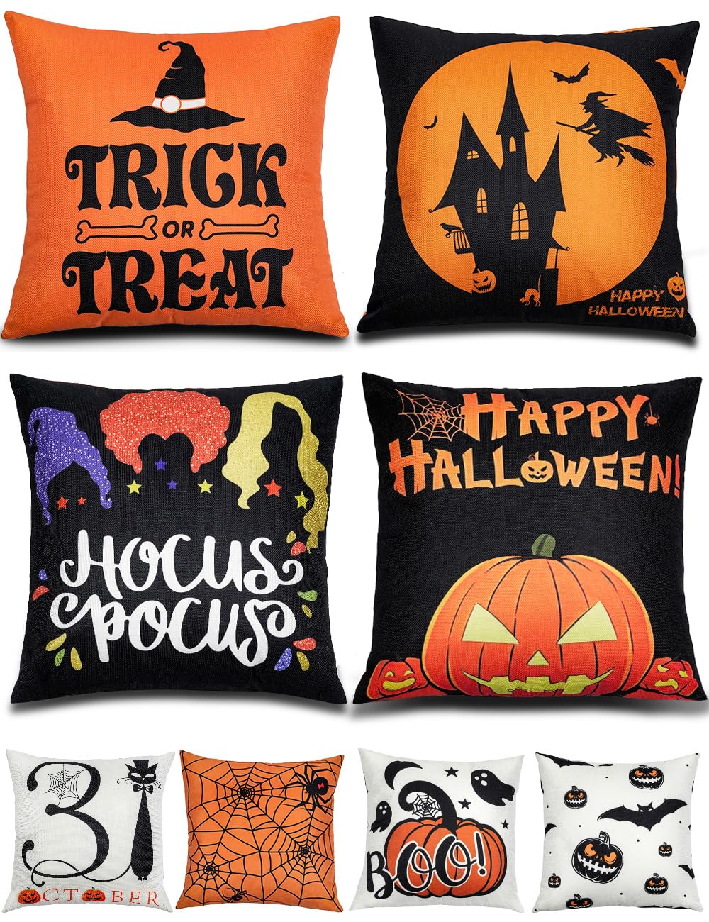 TOYPOPOR Halloween Decorations Double-Side Printing Pillow Covers 16'' x 16'' Set of 4, with 8 Cute Halloween Decor Patterns, Invisible Zipper, Durable Soft Linen Throw Pillow Covers Outdoor Indoor