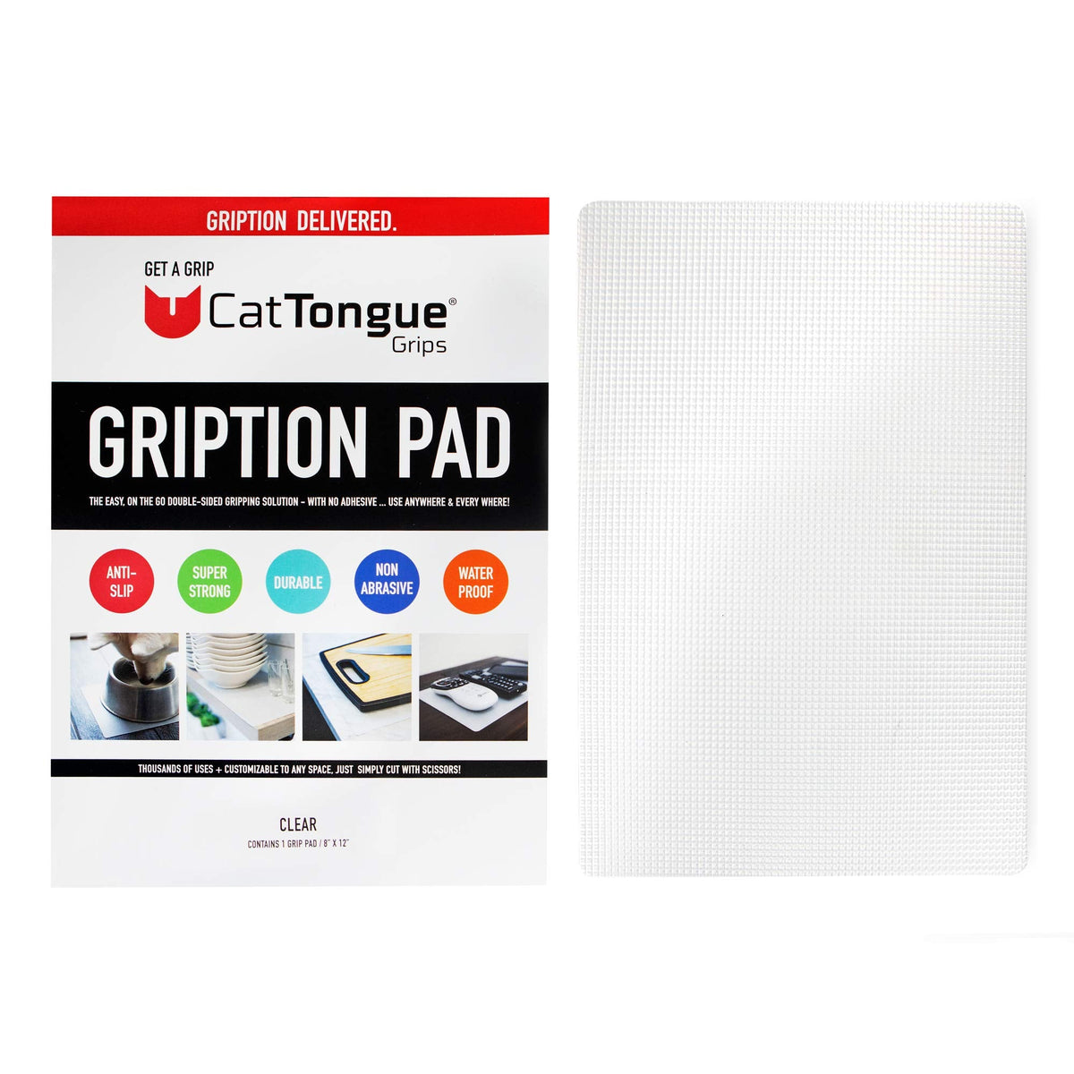 CatTongue Grips Non-Adhesive Anti-Slip Mat - Multi-Purpose Non-Slip Pad for Countertops, Desks, Tables & Workspaces - Ideal Desk Mat, Drawer Liner, Laptop Pad & More (Clear, 8” x 12”)