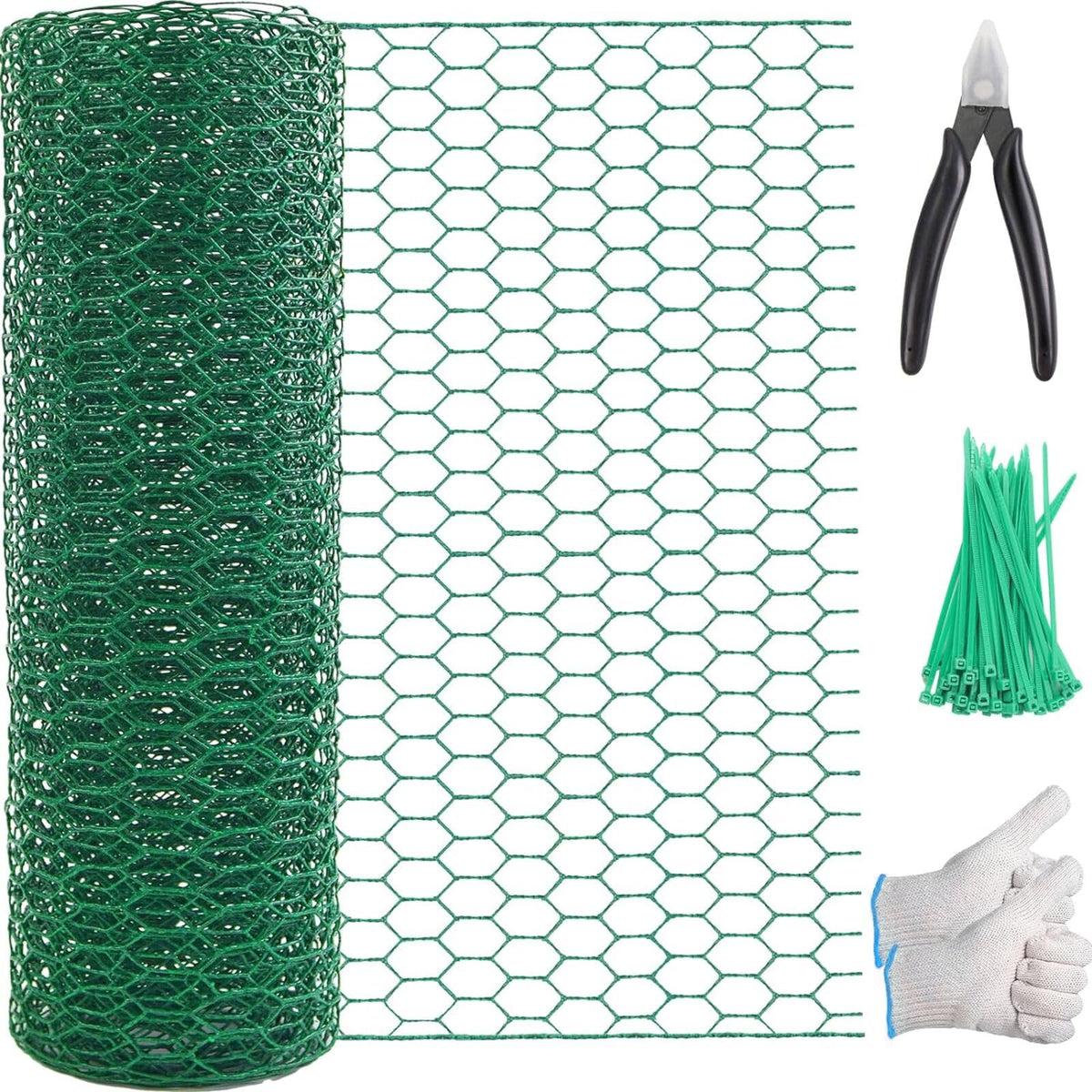 Chicken Wire 15.7in x 118in with a Pair of Gloves，1 Wire Cutter，50 Pcs Cable Zip Ties, Floral Chicken Wire Mesh 0.8in Hexagonal Galvanized PVC Coated Garden Netting Fence for Craft Poultry Garden