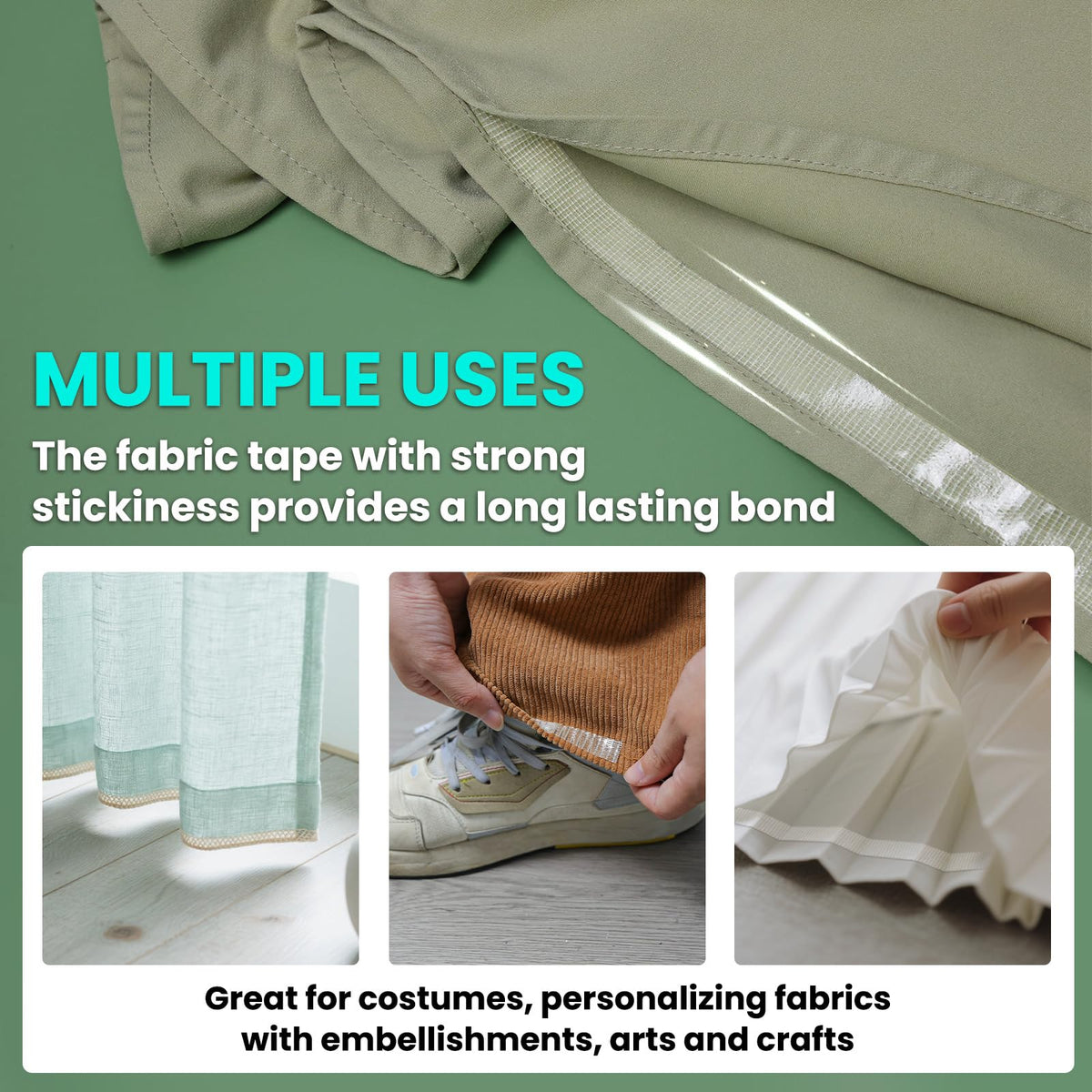 Birllaid Premium Double-Sided Fabric Tape Combo Pack - 1/2 + 3/4inch x 49 FT, No Sew No Iron Required, Strong Adhesive for Clothing Alteration, Hem Pants, Quick Repair, DIY Crafts (2 Rolls, White)