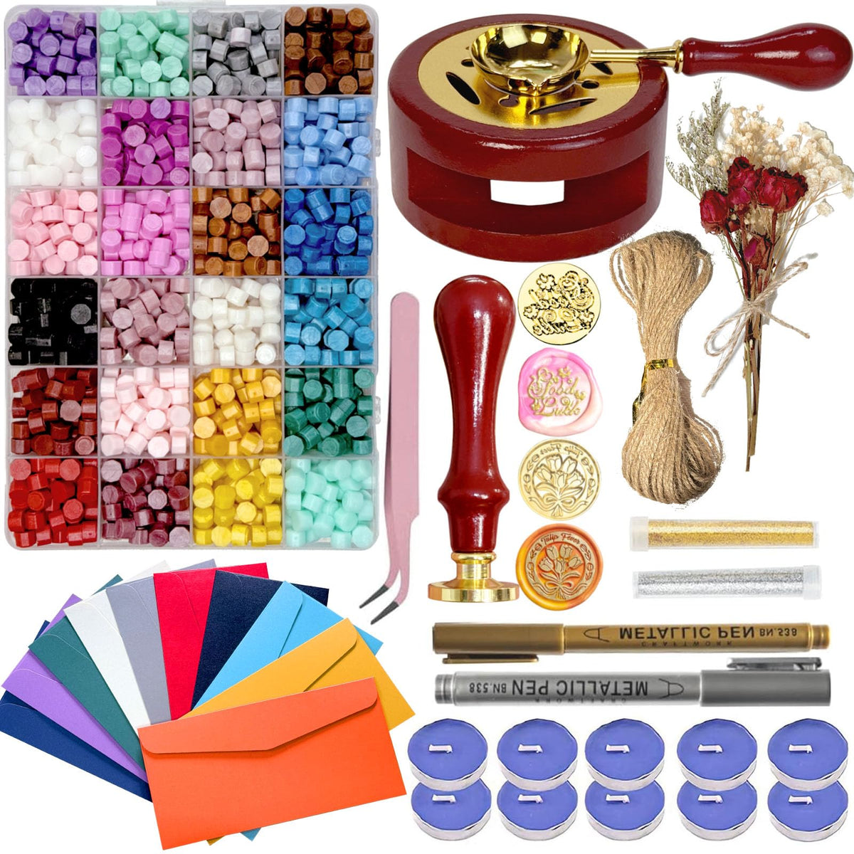 Wax Seal Kit, 24 Colors Sealing Beads, 2 Pcs Stamp,Sealing Wax Warmer, Metallic Pen, Envelope,Dried Flower,Candles for Wedding Birthday Gift and DIY Craft