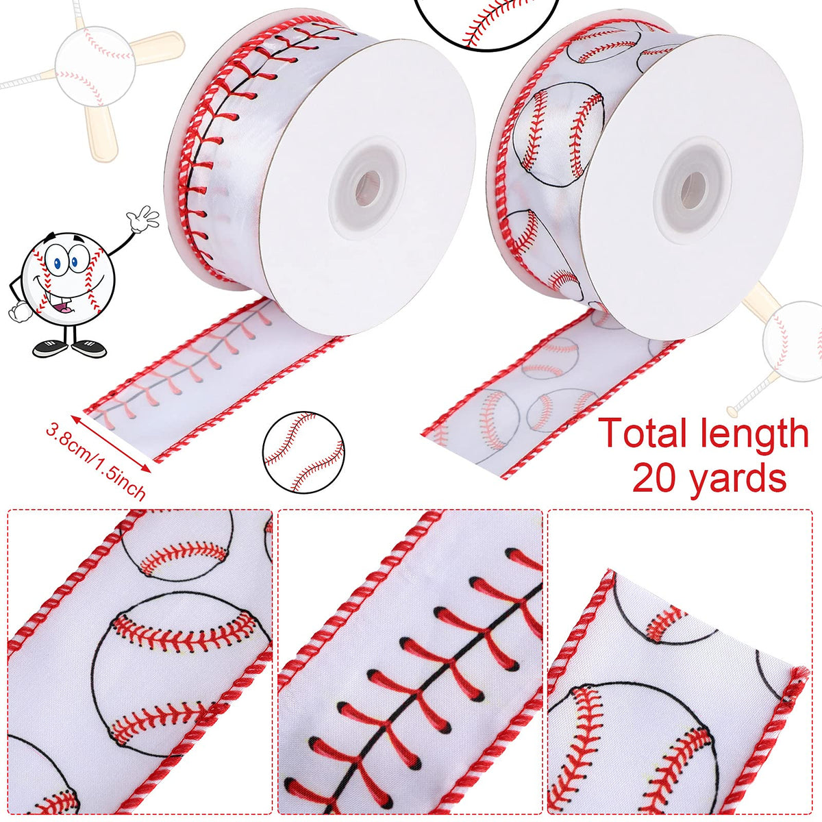 2 Rolls 20 Yards Baseball Ribbons Red White Wired Edge Fabric Ribbons 1.5 Inch Sport Stitching Satin Wired Ribbon for Present Wrapping DIY Crafts Decoration