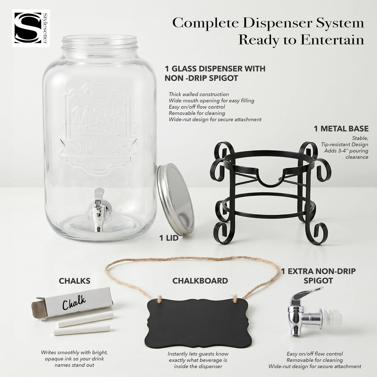 Style Setter Beverage Dispenser Cold Drink Dispenser w/ 3-Gallon Capacity Glass Jug, Metal Stand & Leak-Proof Acrylic Spigot Great for Parties, Weddings & More
