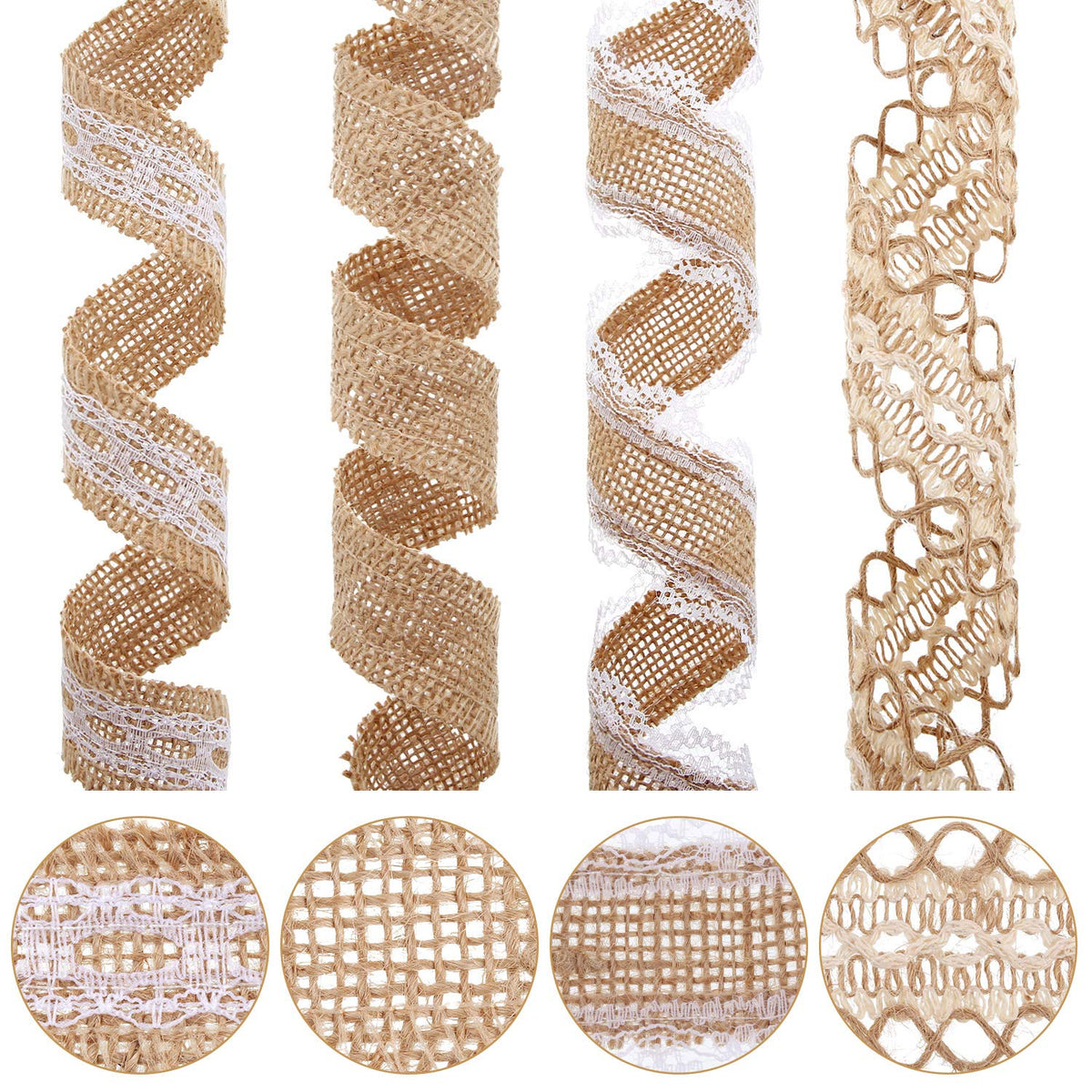 WILLBOND 4 Rolls Burlap Ribbon Lace Roll Crafts Ribbon with 32 Feet Twine Rope for Wedding Rustic Decoration DIY Handmade Crafts, 5.5 Yards for Each