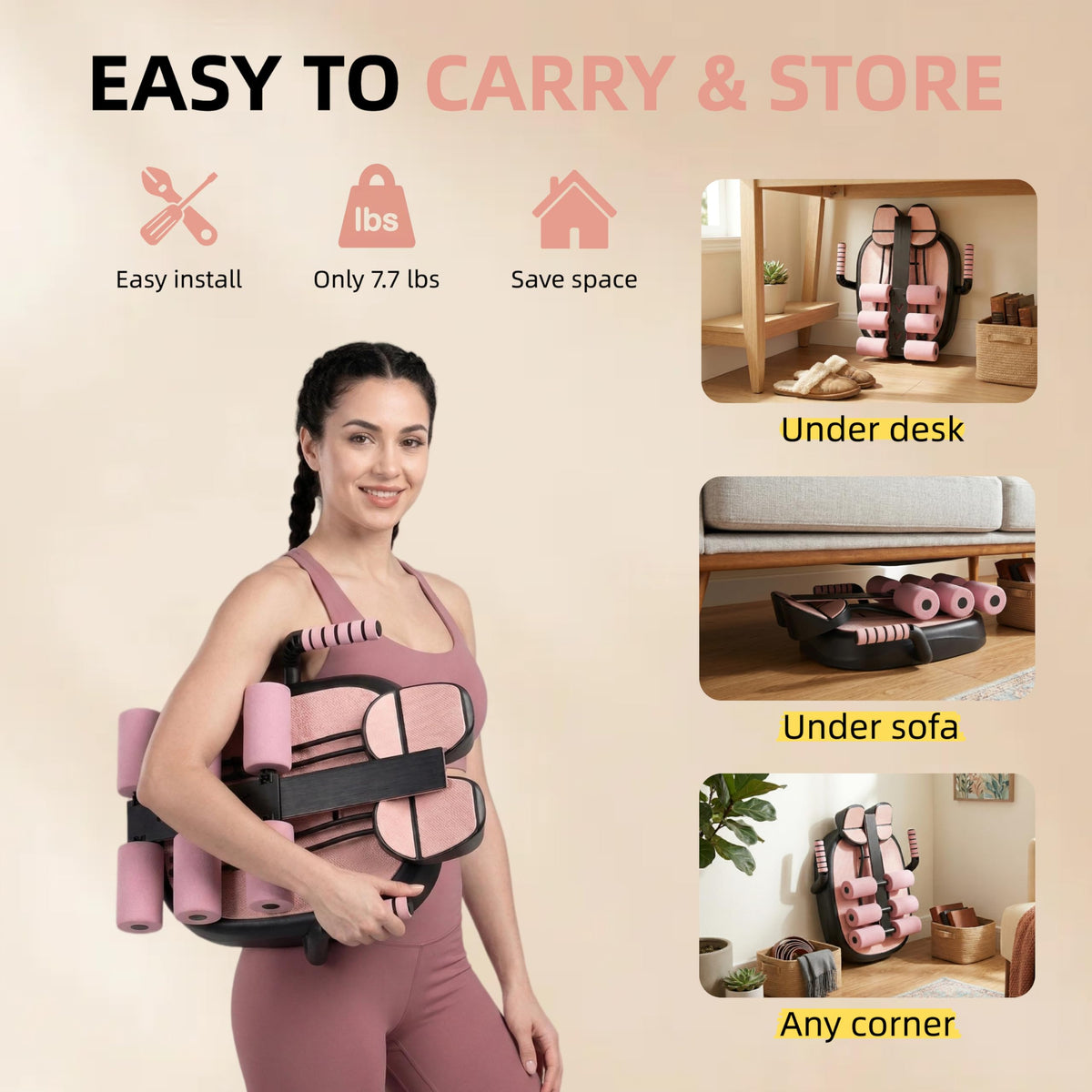 7 in 1 Ab Machine, Sit Up Exercise Equipment with Removable Auxiliary Handle, Home Workout Equipment for Abs, Legs, Arms, Ab Trainer Women Men (Pink)