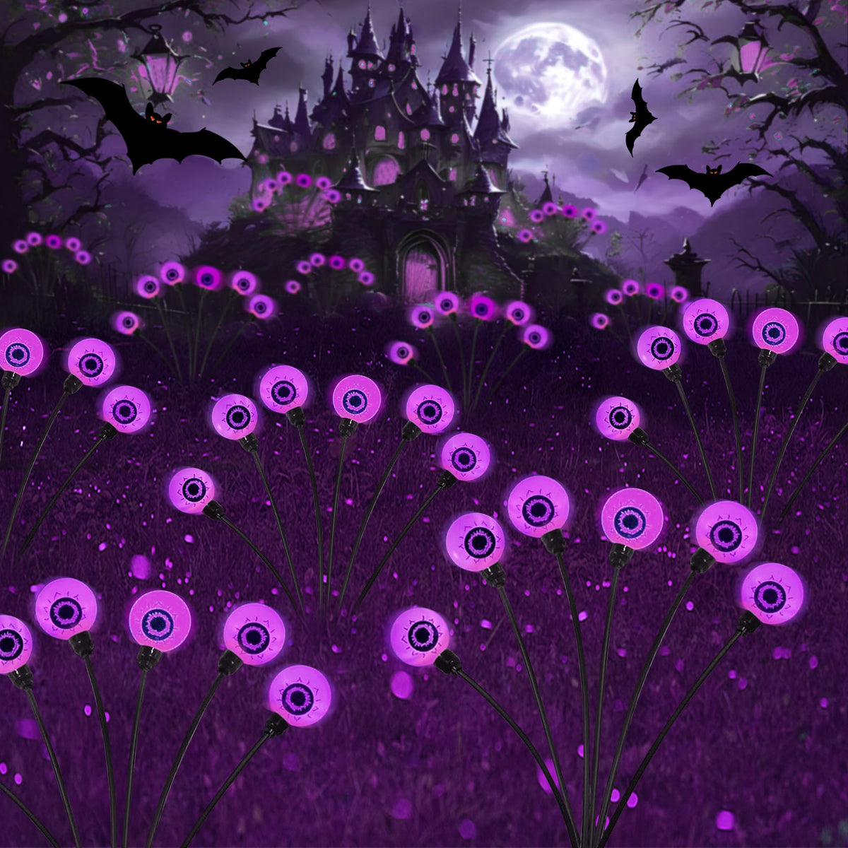 Outdoor Halloween Decorations - Swaying Solar Eyeball Lights, 2PCS 12LED Firefly Lights, 2 Mode Waterproof Path Lights for Yard, Garden, Lawn, and Party Decor (Purple)