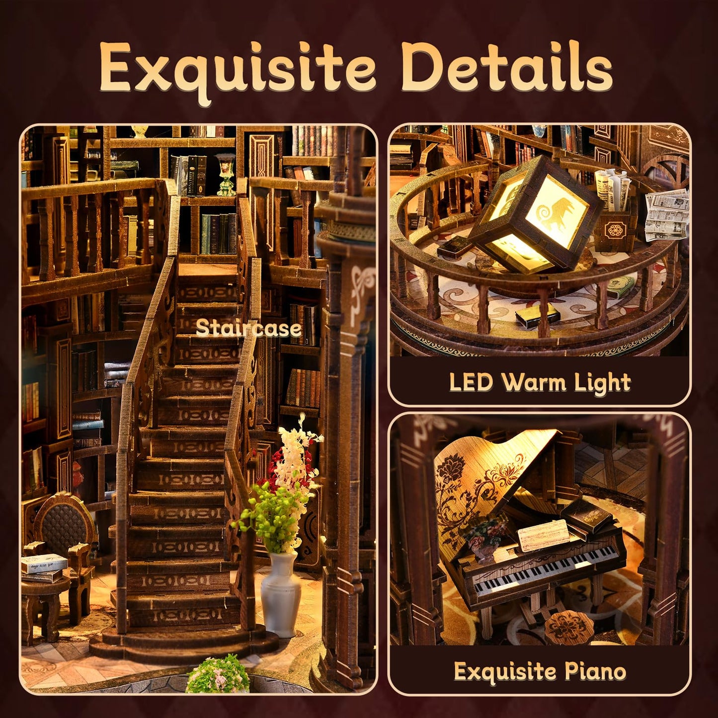 DIY Miniature House Kit, Book Nook Kit, 3D Wooden Puzzles Bookshelf Craft Kits, Dollhouse Kit with LED Light, Mini Building Kit for Adults Teen to Build (Dreamy Book Hall)