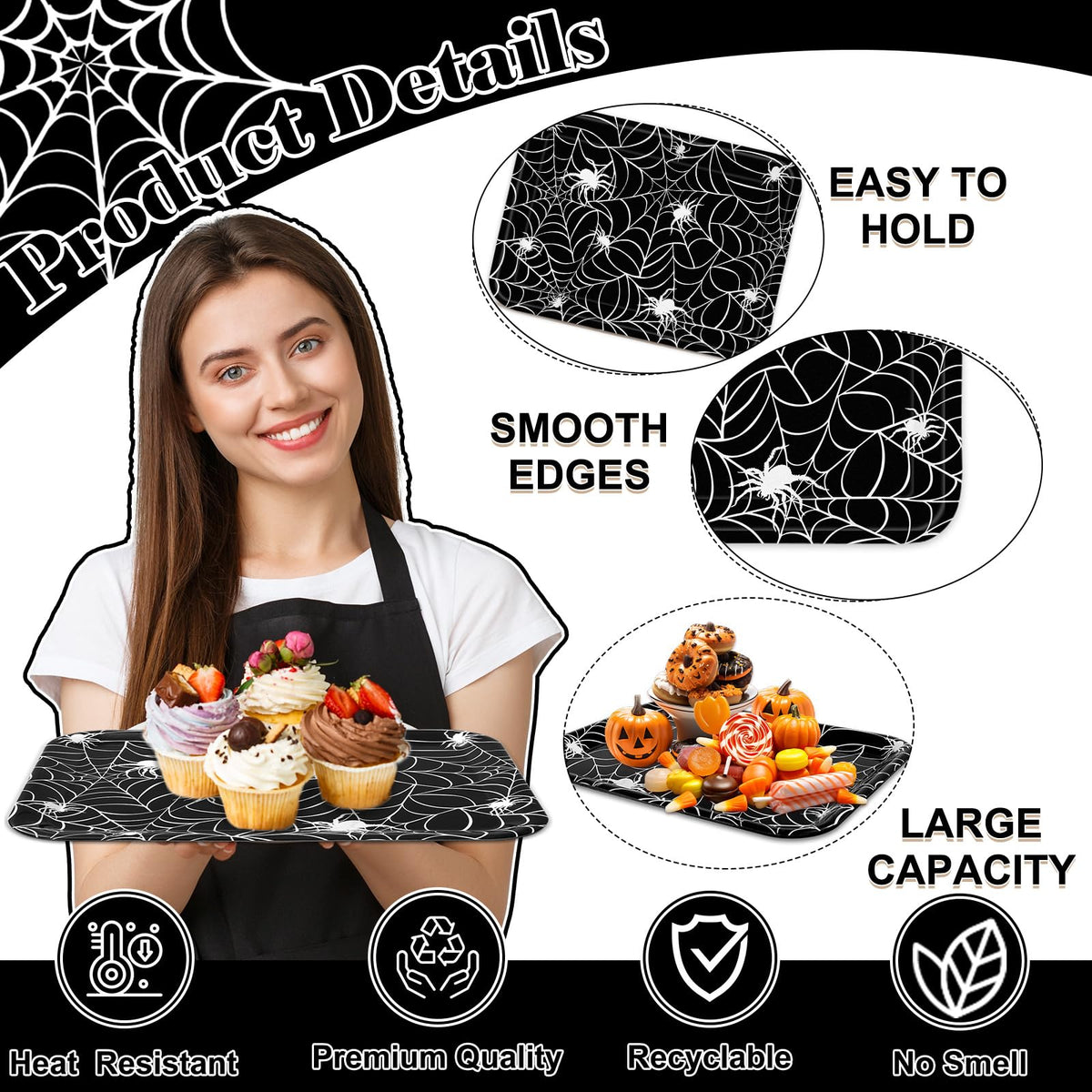Whaline 3 Pcs Halloween Serving Trays Black White Spider Webs Reusable Melamine Trays Platters for Movie Night Birthday Holiday Party Food Supplies, 10 x 13 Inch