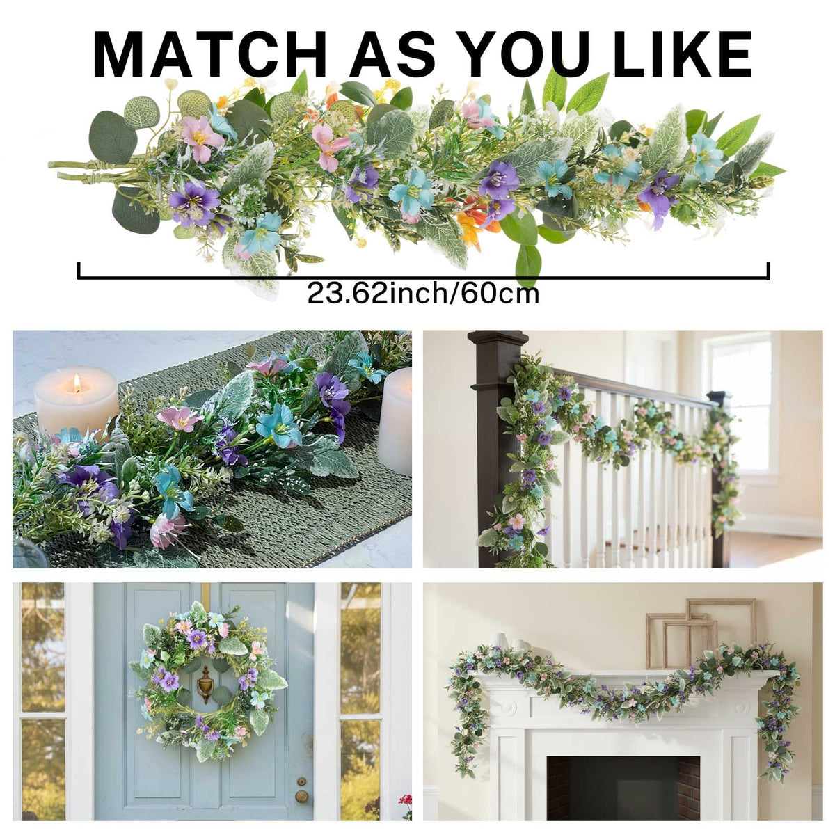 MOYEE Summer Candle Holder Centerpieces for Tables,Candle Ring, Black Metal Candlestick with an Artificial Wreath 14 in Versatile Dining Table Centrepiece (Blue and Purple Flower Wreath)