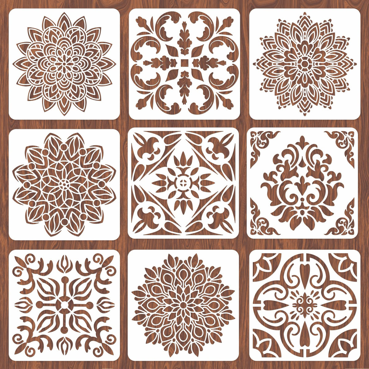 INFUNLY 9PCS/Set Mandala Flowers Wall Stencils for Painting 12x12 Mexican Tile Stencil Art Flower Concrete Floor Stencils Reusable Drawing Template for Painting Wood Canvas Furniture Patio Home Decor