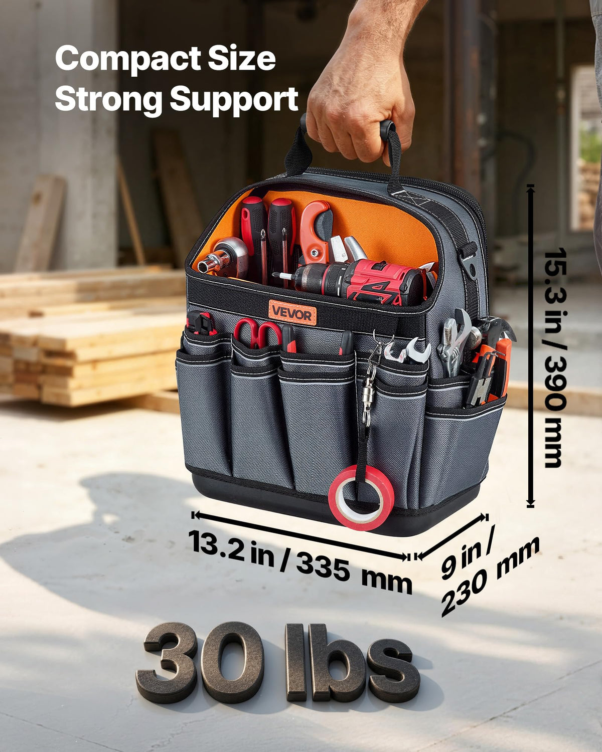 VEVOR Tool Bag, 13.2 Inch, 39-Pocket Open Top Tool Pouch, Portable Electrical Maintenance Toolbox Organizer Storage with Hard Plastic Base, Adjustable Shoulder Strap, for Professionals DIY & Jobsite