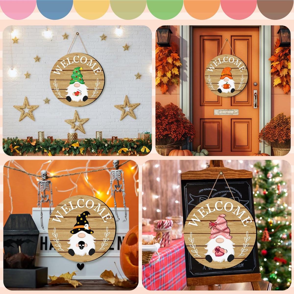 Seasonal Gnome Wall Decor Set, 11.8 inch Autumn Wooden Round Sign with Interchangeable Holiday Hats, Thanksgiving Welcome Door Hanging (Light brown-3)