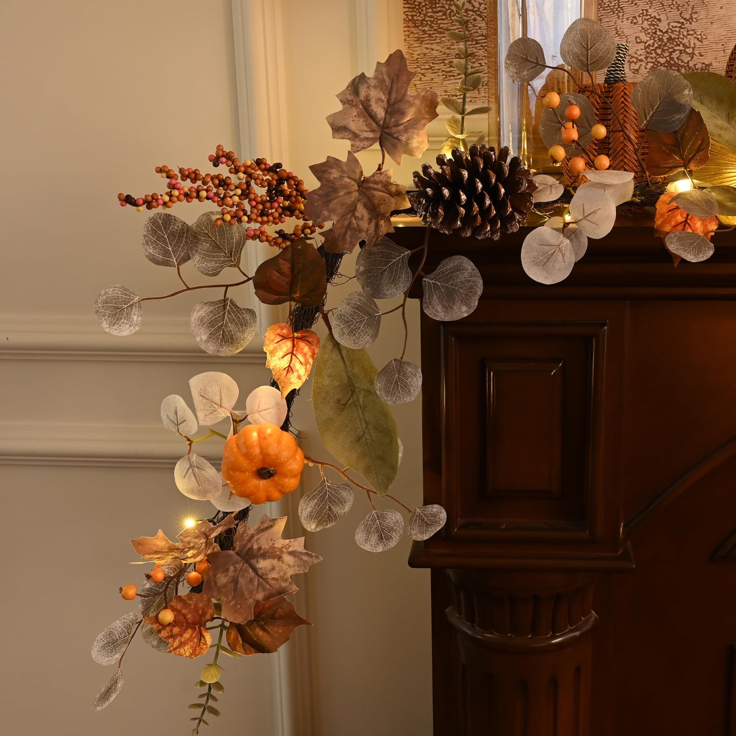 Valery Madelyn Fall Maple Leaves Garlands for Mantle, 6ft Halloween Garlands with Pumpkins Lights for Table Centerpiece, Thanksgiving Harvest Decorations for Home Mantle Fireplace Outdoor Decor-Brown