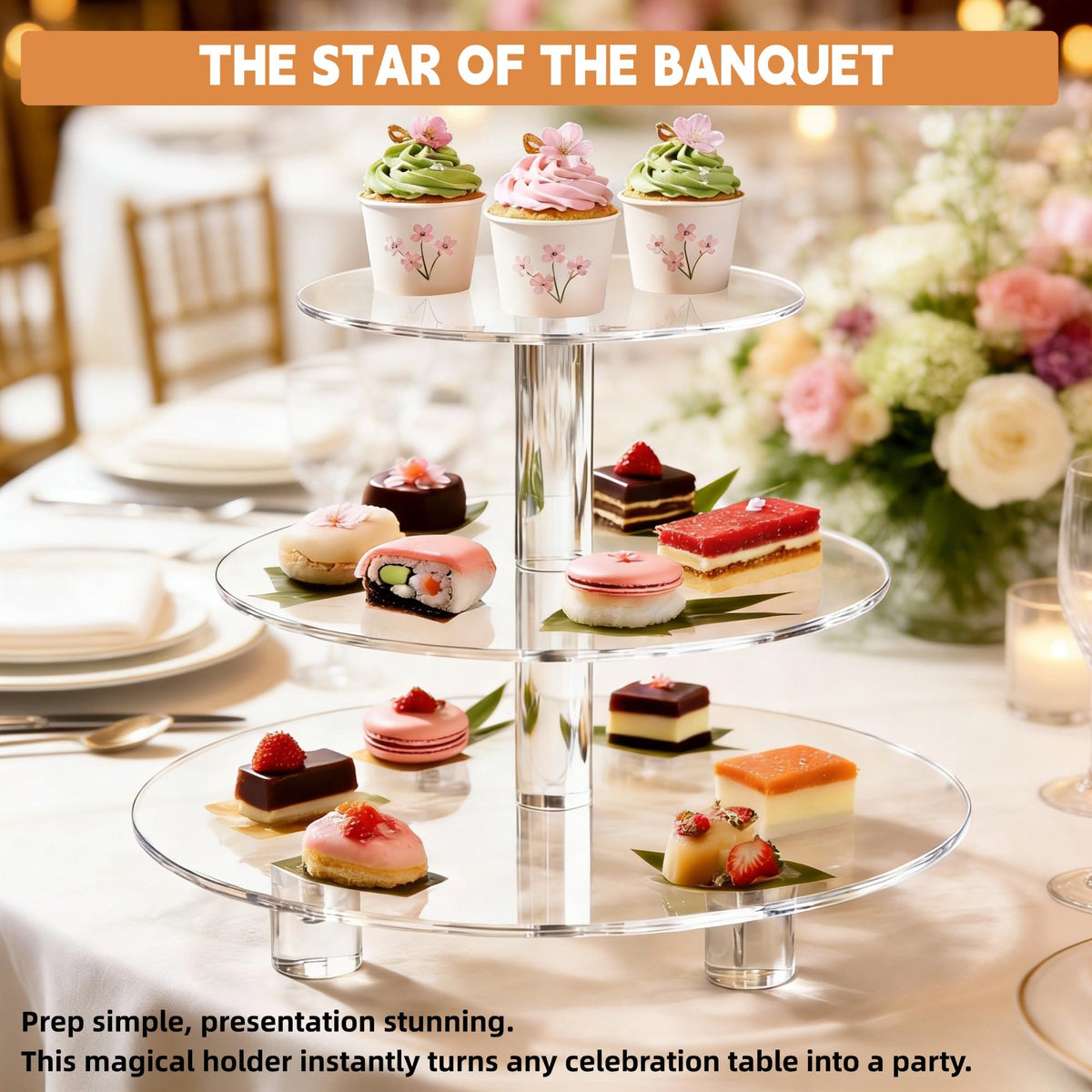 EffiQ-Rate 3 Tier Cupcake Stand, 4mm Thick Heavy Duty Acrylic Dessert Table Display Trays, 10" 8" 6" Round Cupcake Holder Decorative Bakery Tower for Wedding, Party, Baby Shower, Event