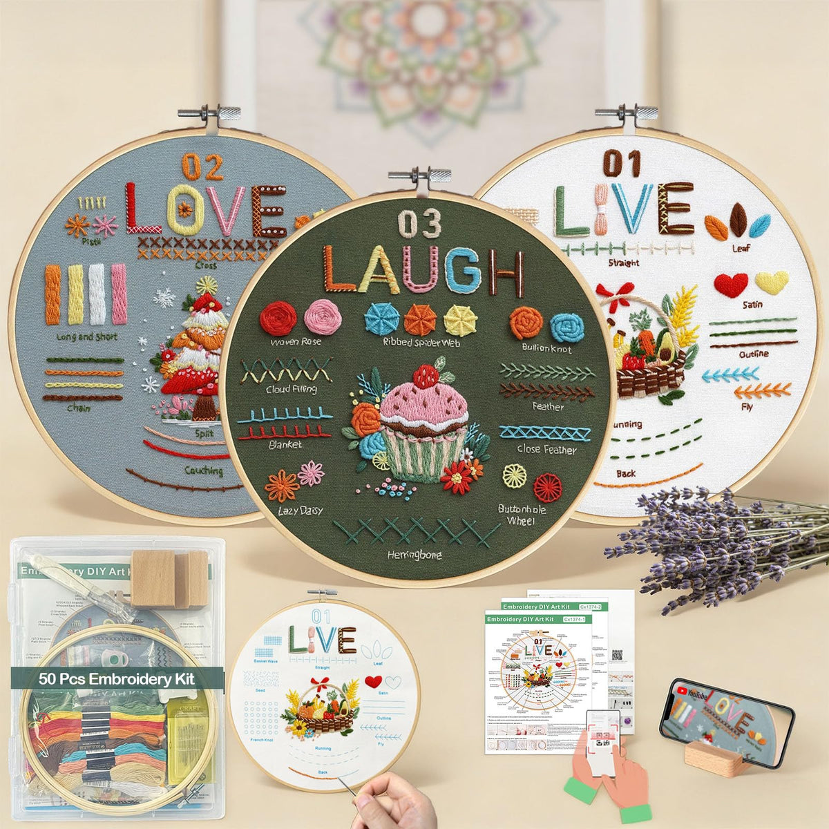 CLRDIVA Embroidery Starter Kit for Beginners: Easy DIY Needlepoint Set with Phone Stand for Step-by-Step Video Tutorials - Stress Free to Learn 29 Basic Stitches - Relaxing Crafts for Adults