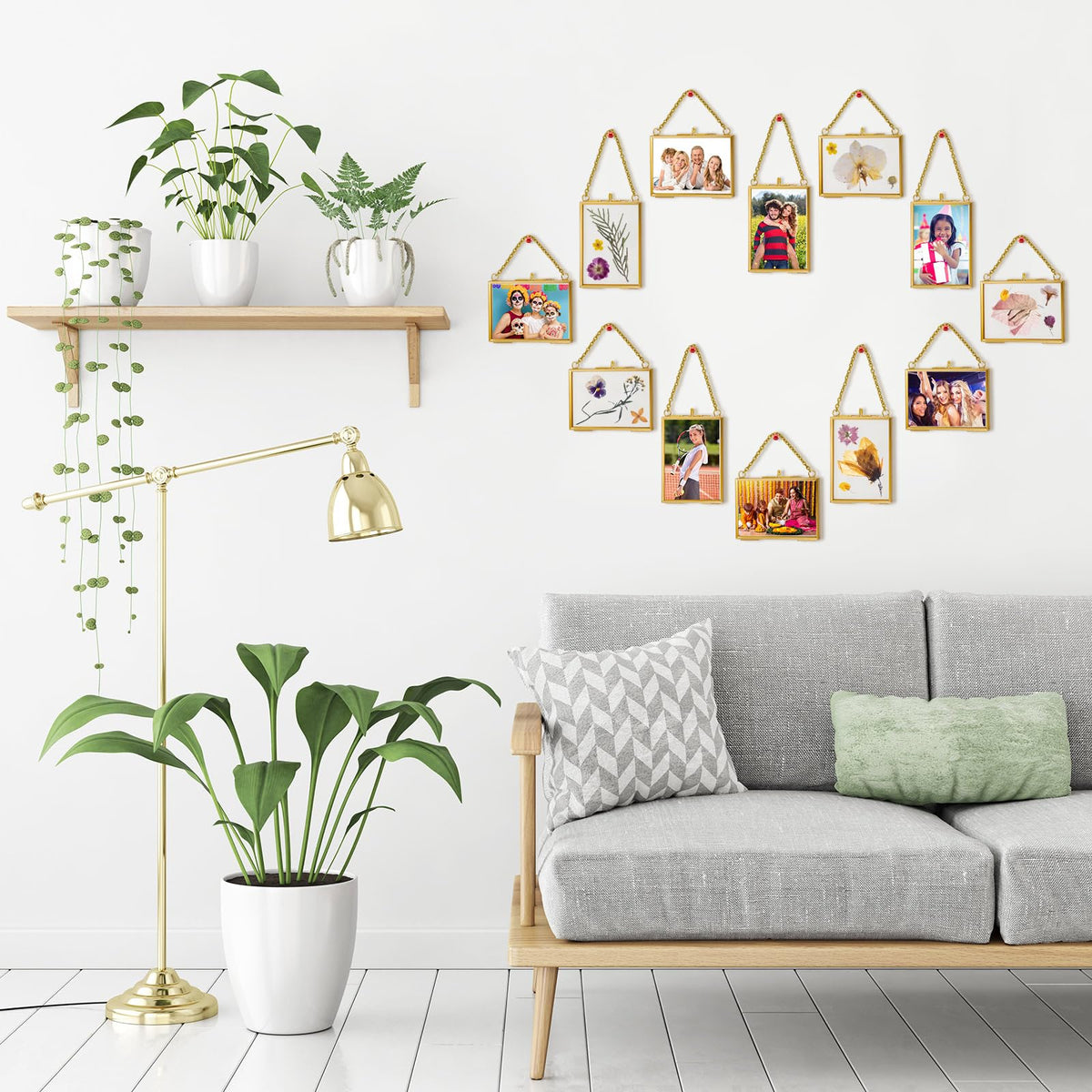 Kigley Double Glass Frame for Pressed Flowers Floating Hanging Photo Frame Gift for Graduation Mother's Day 3.5 x 2.5 in Brass Clear Decor with Chain for Display Gallery Artwork (Gold,12 Pcs)